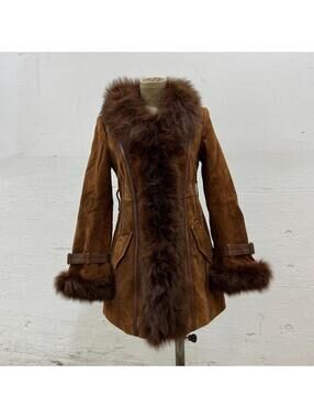 Vintage Vero Moda Y2K "Penny Lane" Suede & Fox Fur Coat Brown
